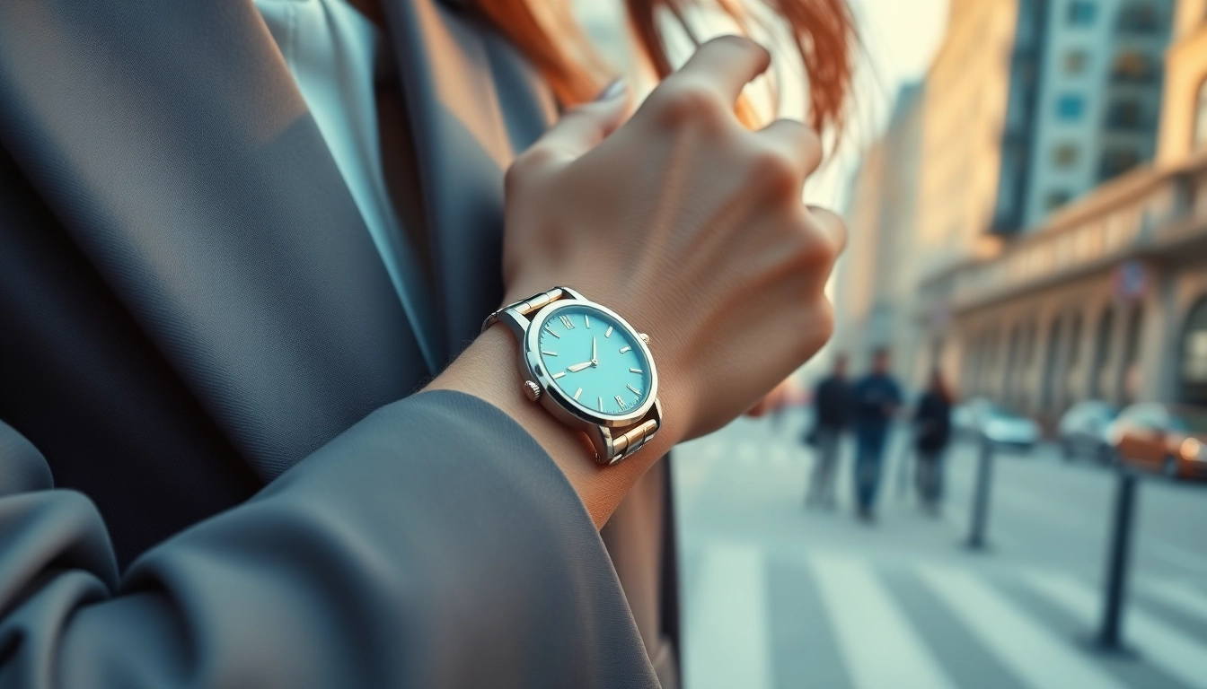 Elegant Damen Armbanduhr showcased on a stylish wrist in an urban setting.