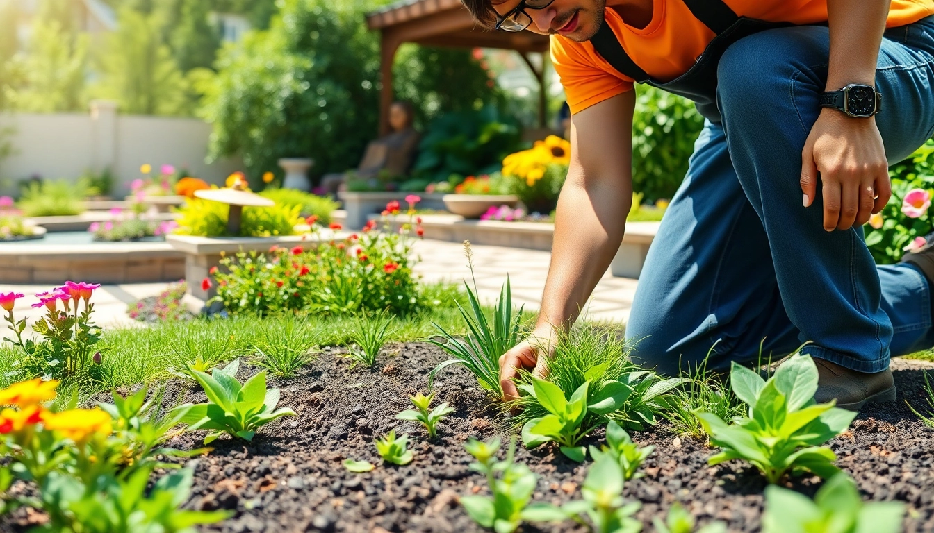 Landscaping contractor Coquitlam planting vibrant flowers in a beautifully designed garden.