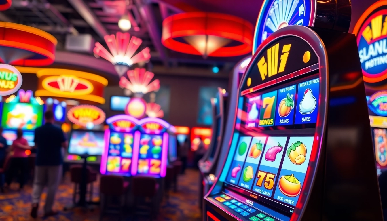 Mesin game slot berwarna-warni dengan simbol buah dan ikon bonus, menciptakan suasana kasino yang energik.