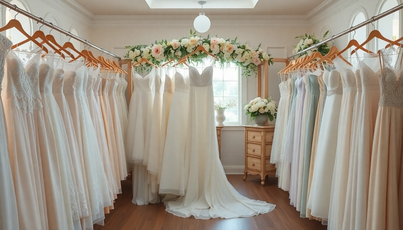 Explore stunning off the rack wedding dresses in an elegant bridal boutique setting.