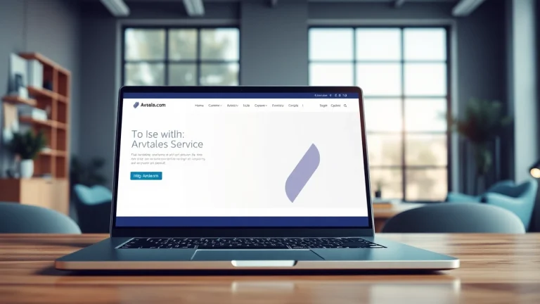 Engaging homepage of http://Avtales.com displayed on a laptop in a modern office.