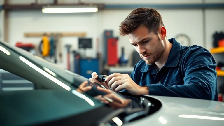 Technician performing auto glass replacement in Portland with professional tools in a clean garage.