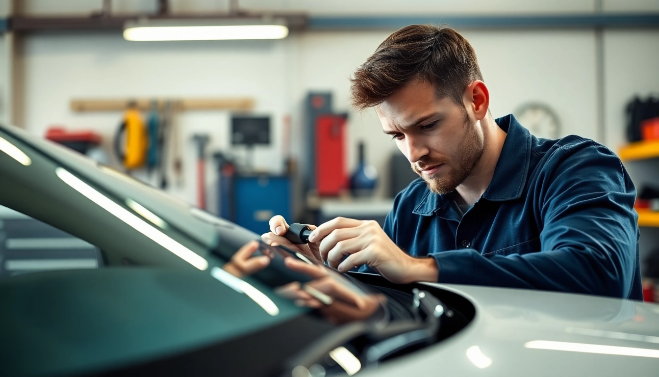 Technician performing auto glass replacement in Portland with professional tools in a clean garage.