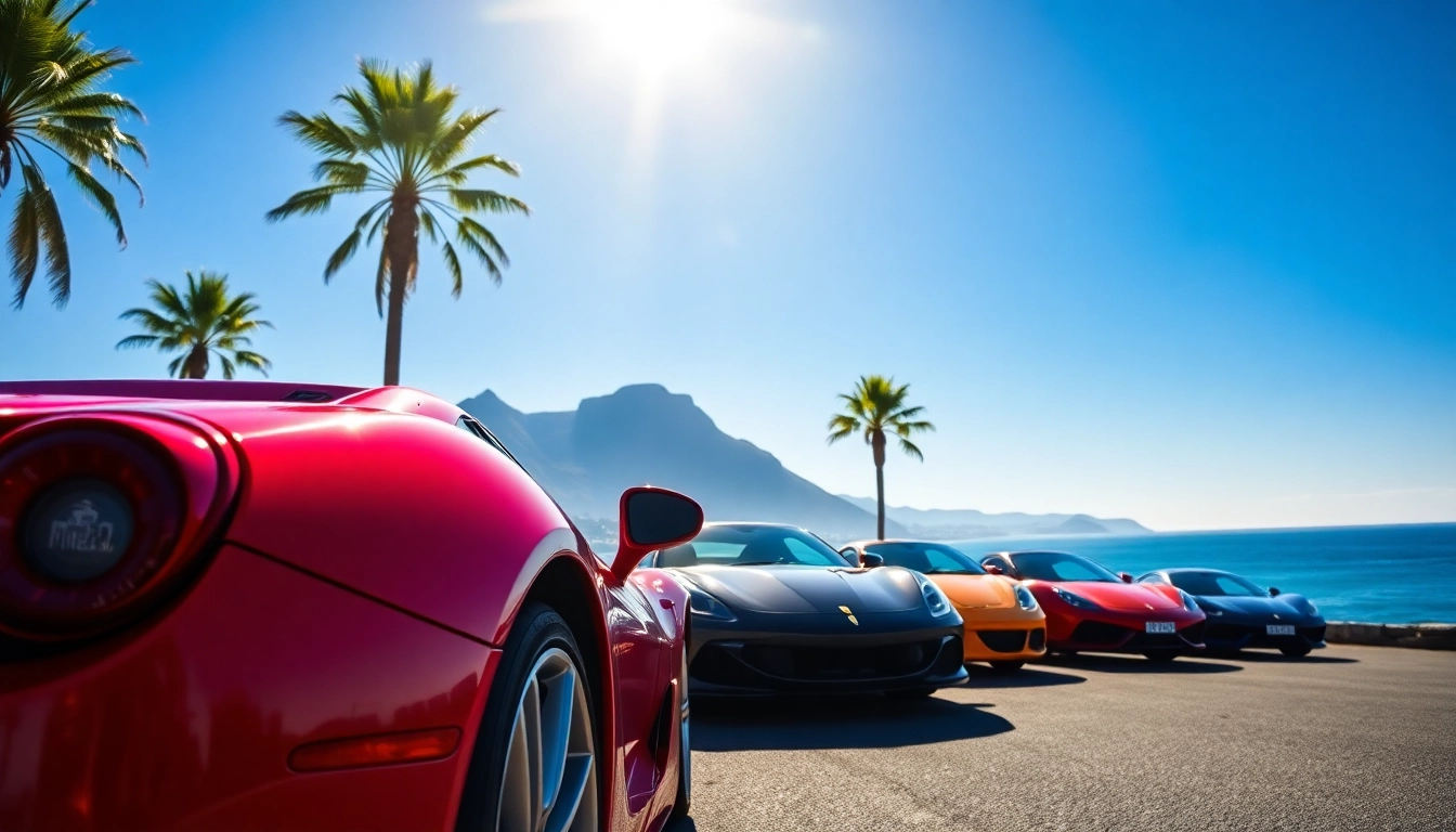Luxury sports cars Cape Town showcased on a coastal road with Table Mountain in the background.