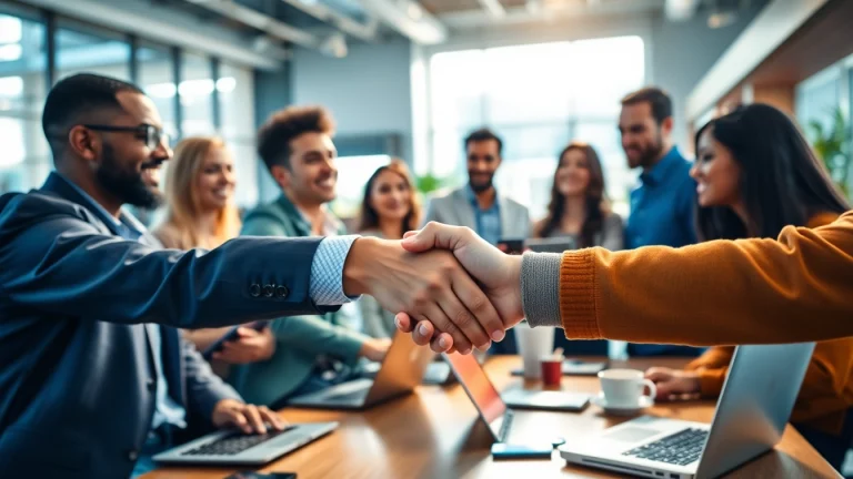 Reconnect on LinkedIn for job search through professional networking interactions, showcasing handshake and collaboration.