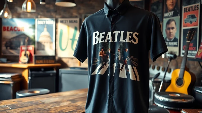 Showcasing a stylish Beatles Abbey Road shirt with vibrant designs in a vintage shop setting.