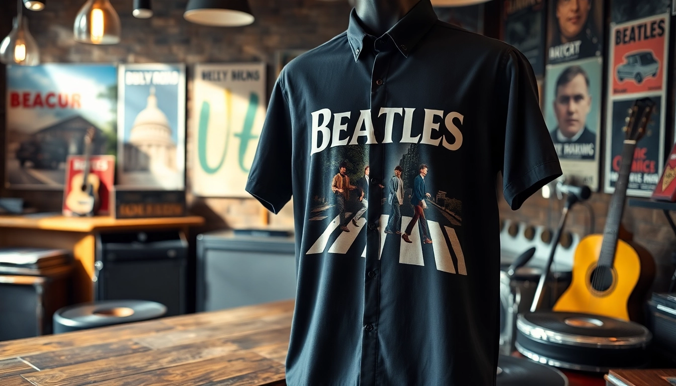 Showcasing a stylish Beatles Abbey Road shirt with vibrant designs in a vintage shop setting.