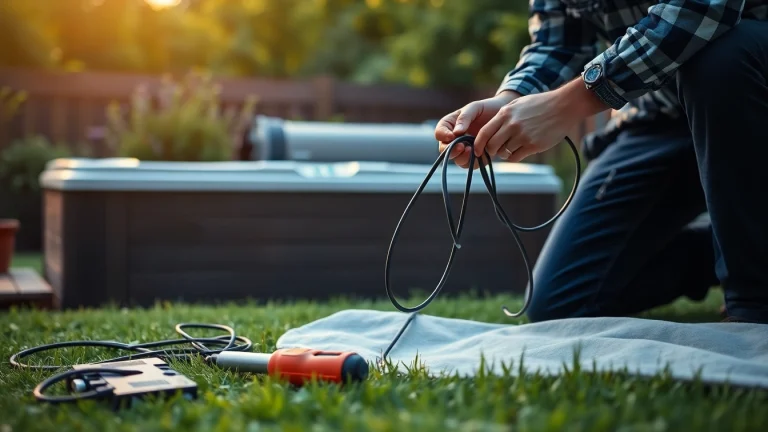 Installing hot tub electrical wiring with professional care in a serene outdoor setting.