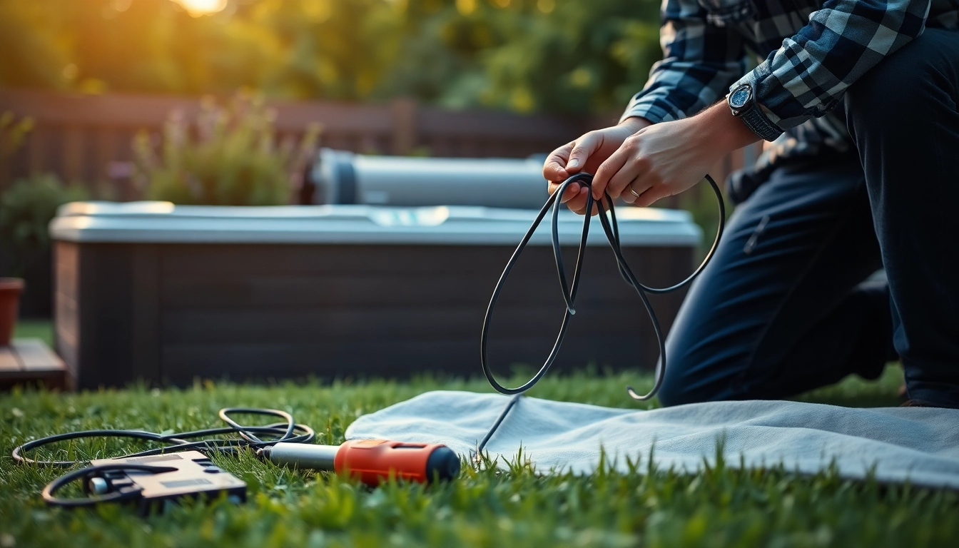 Installing hot tub electrical wiring with professional care in a serene outdoor setting.
