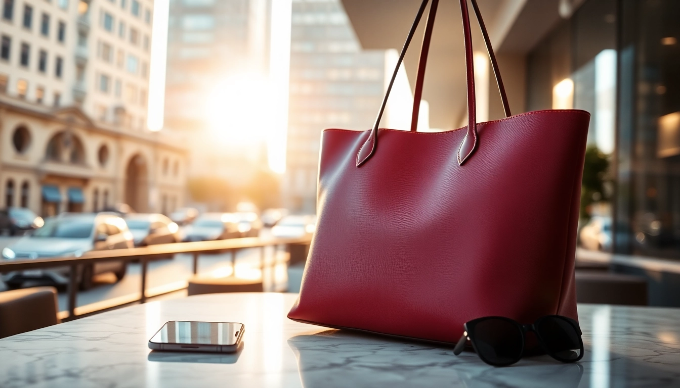 Showcase of a stylish tote bag on a countertop, emphasizing its chic design.