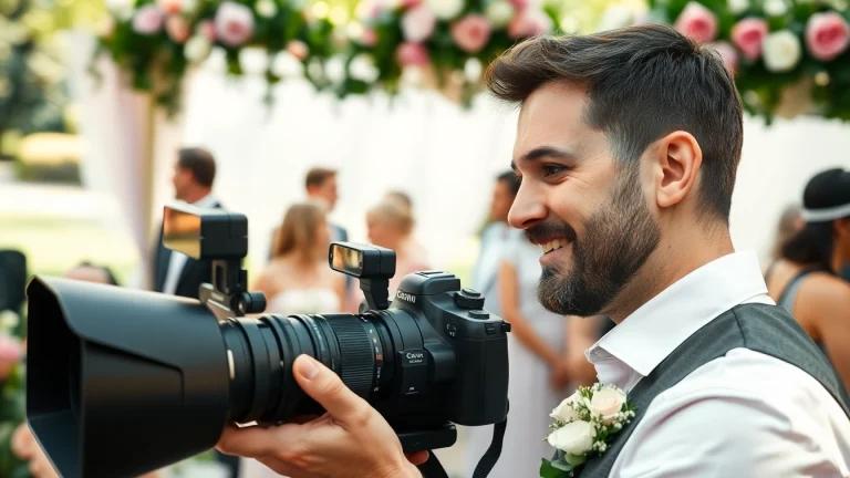 Edmonton videographer capturing a wedding scene with vibrant guests in the background.