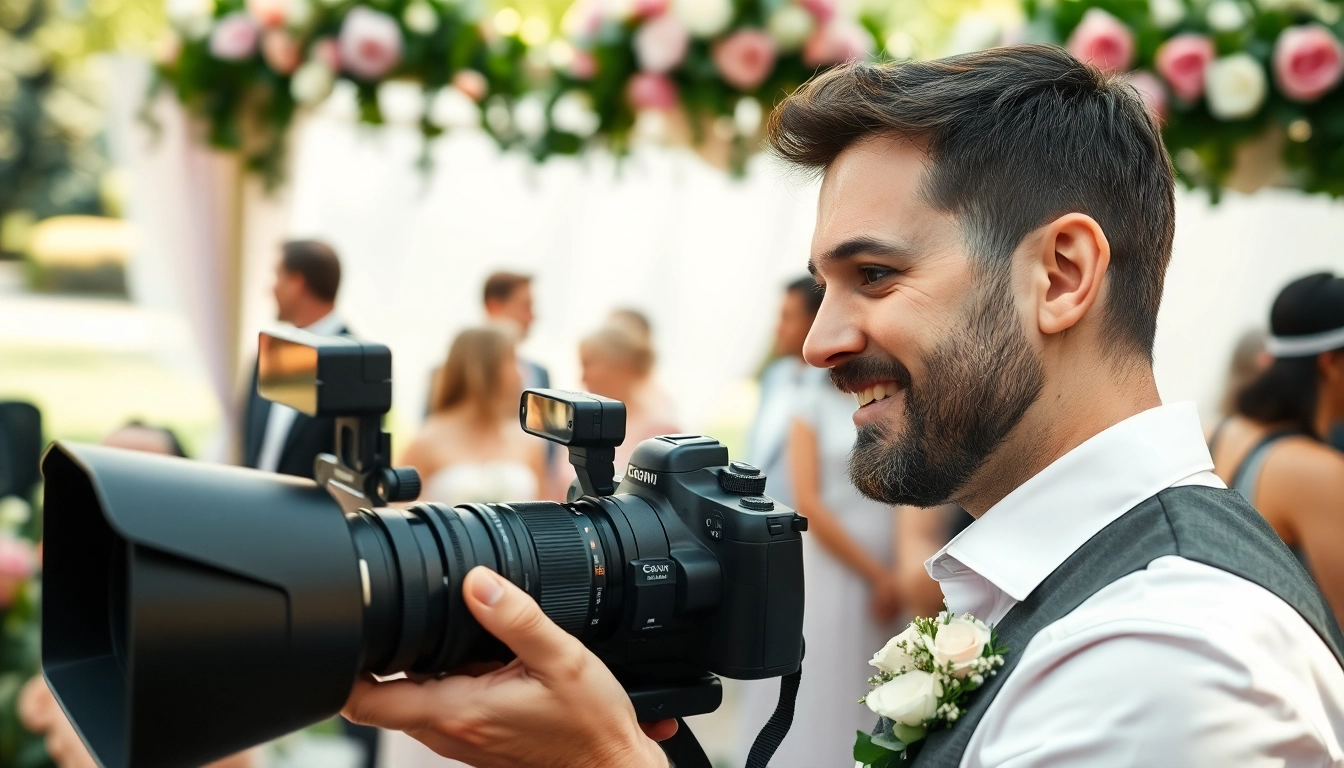 Edmonton videographer capturing a wedding scene with vibrant guests in the background.