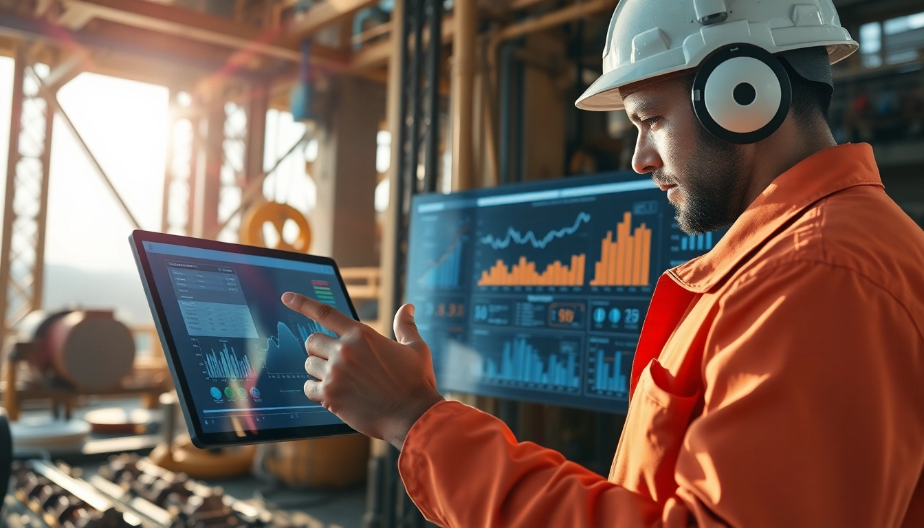 Technician using technology for geosteering at www.geosteeringvision.com oil rig environment.