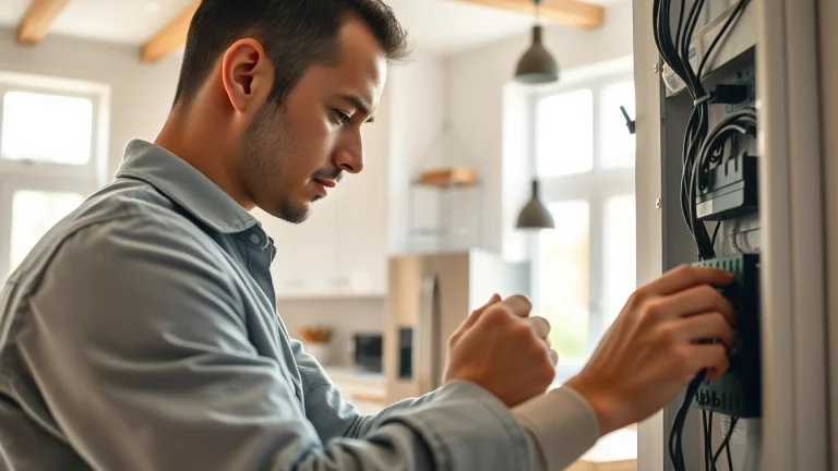 Providing Electrical Service with a professional electrician inspecting wiring in a modern kitchen