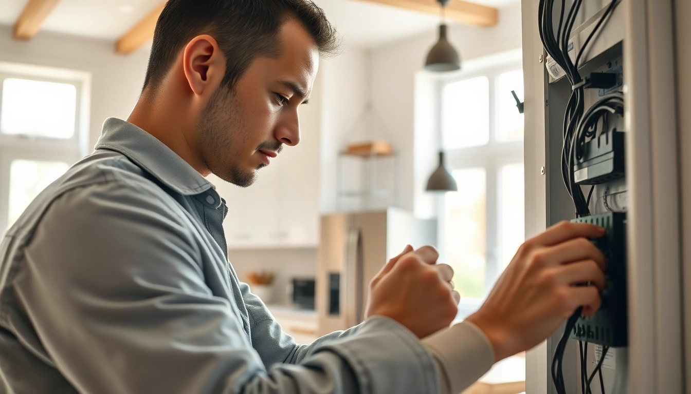 Providing Electrical Service with a professional electrician inspecting wiring in a modern kitchen