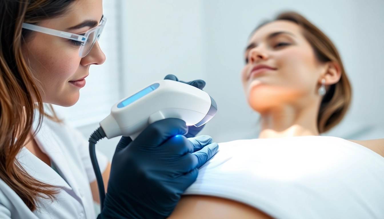 Laser hair removal procedure in a clinical setting with a technician using advanced equipment.