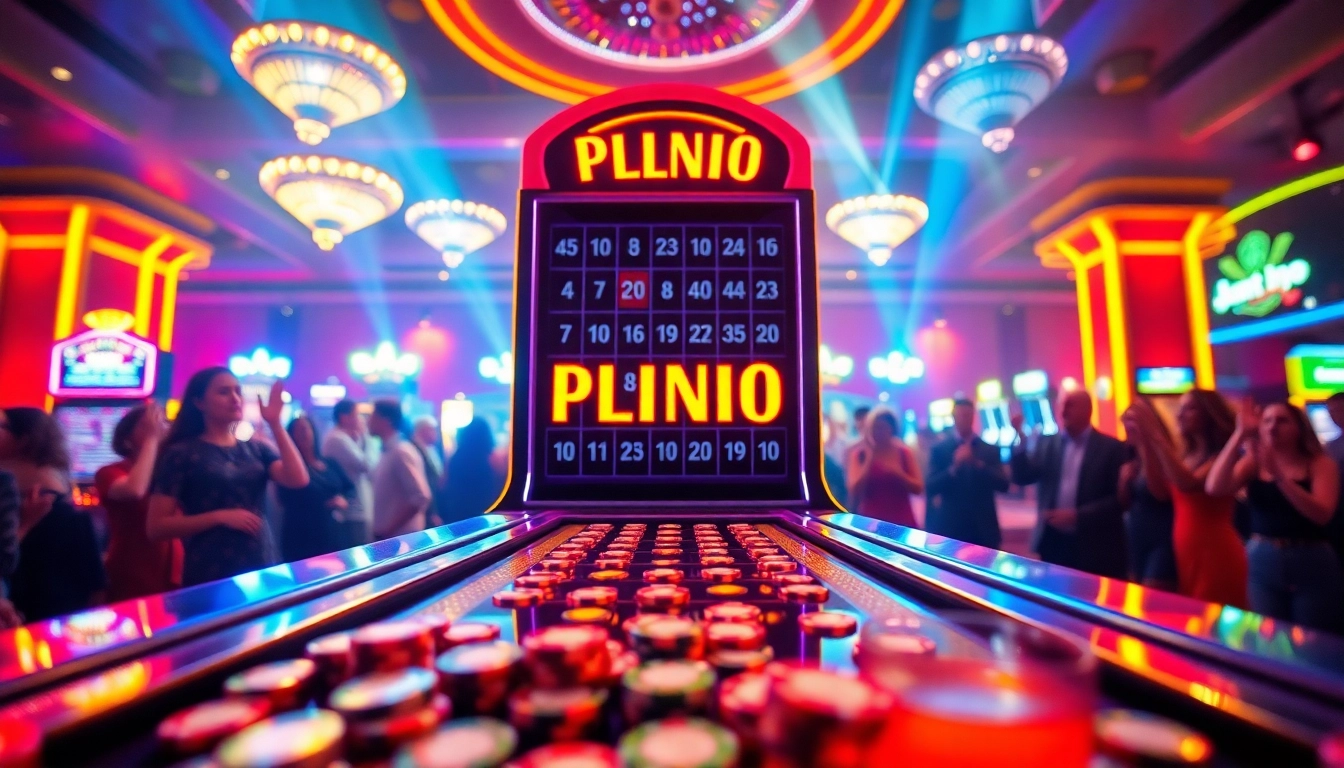Permainan situs plinko yang menarik dengan suasana kasino yang cerah dan pemain yang bersemangat.