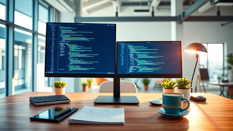 Showcasing web development workspace with coding screens and design elements.