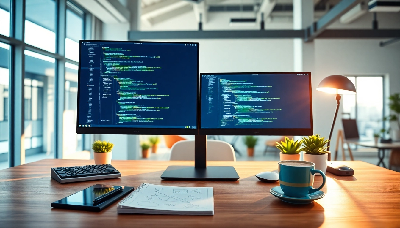 Showcasing web development workspace with coding screens and design elements.