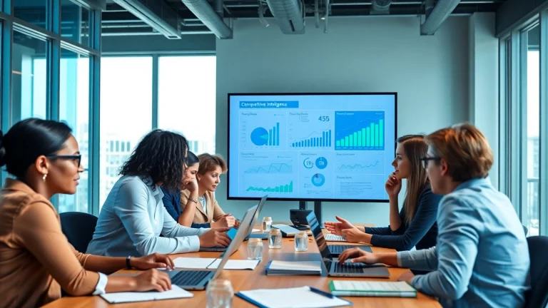 Utilize ai prompts for competitive intelligence during strategic team discussions in a modern office.