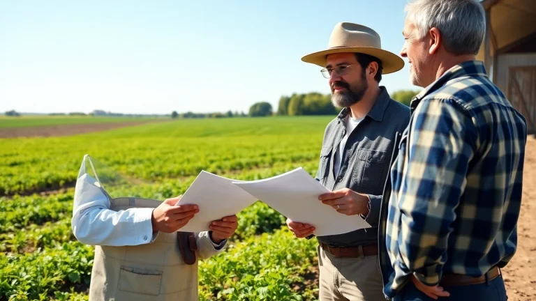 Engaging consultation on agriculture law between a lawyer and a farmer outdoors.