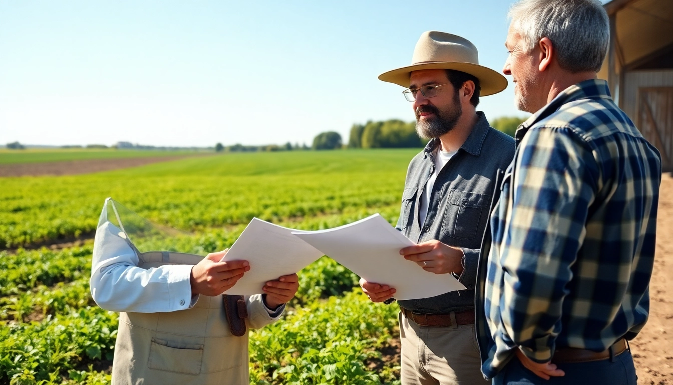 Engaging consultation on agriculture law between a lawyer and a farmer outdoors.