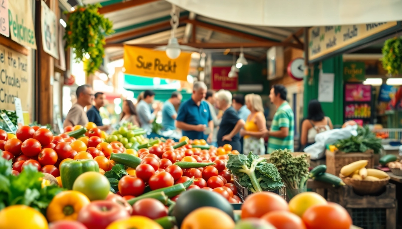 Local market scene showcasing community members enjoying vibrant produce and stalls.