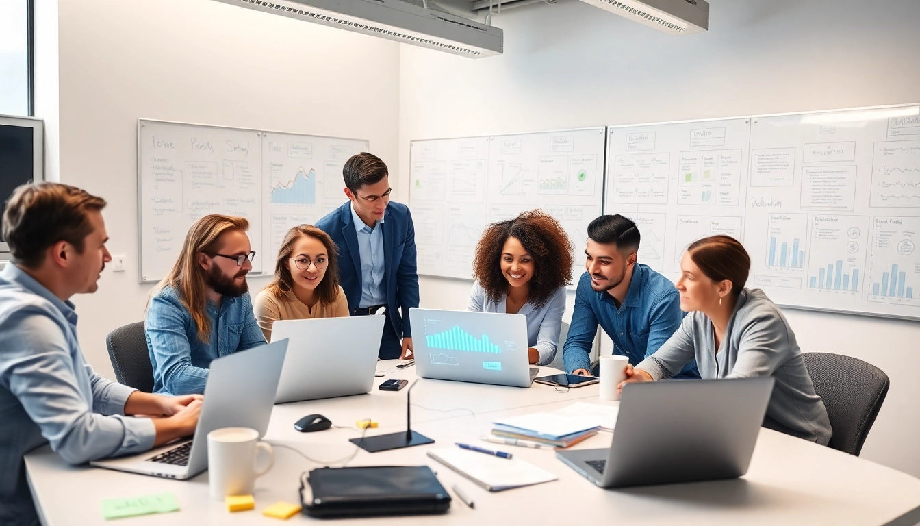 Showcasing cloud infrastructure and DevOps services, a professional team collaborates effectively in a modern workspace.