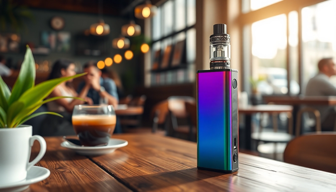 Elf bar vape device stylishly showcased on a wooden table in a café setting.