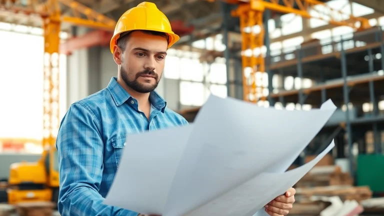 Engaged construction worker assessing blueprints for a construction association wyoming project.