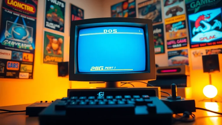Play DOS games on a retro computer surrounded by nostalgic gaming elements.