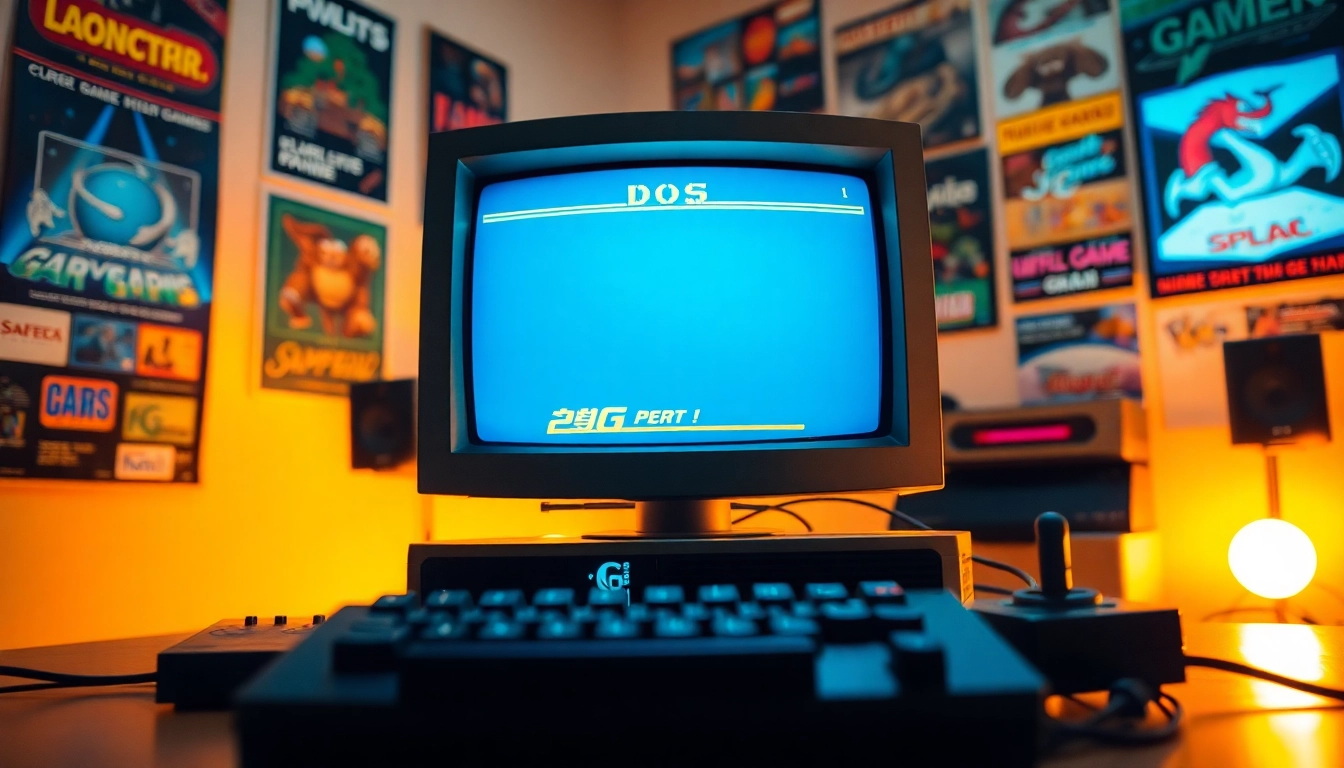 Play DOS games on a retro computer surrounded by nostalgic gaming elements.