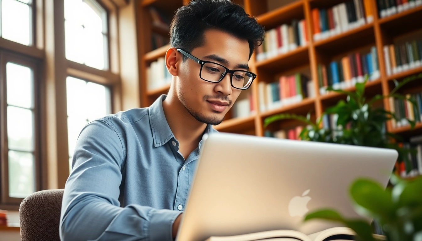 International student engaged in study at a library, surrounded by books and technology.