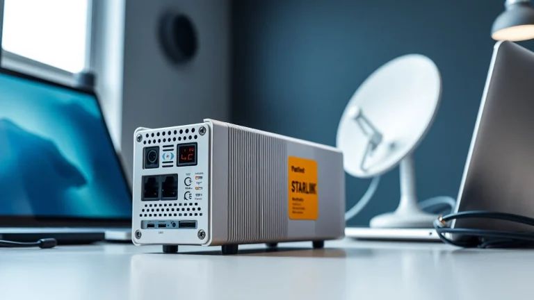 Showcase the starlink mini 12v power supply with modern workspace elements.