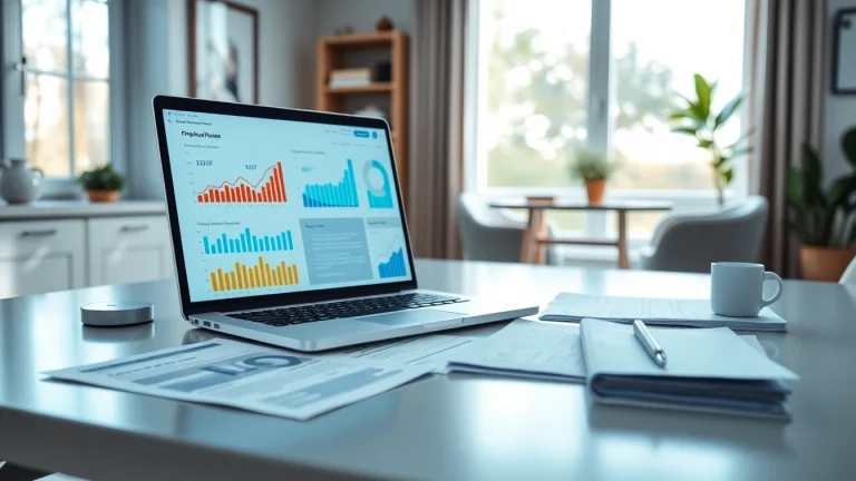 Utilize a financial planning tool displayed on a modern desk with analytics and financial documents.