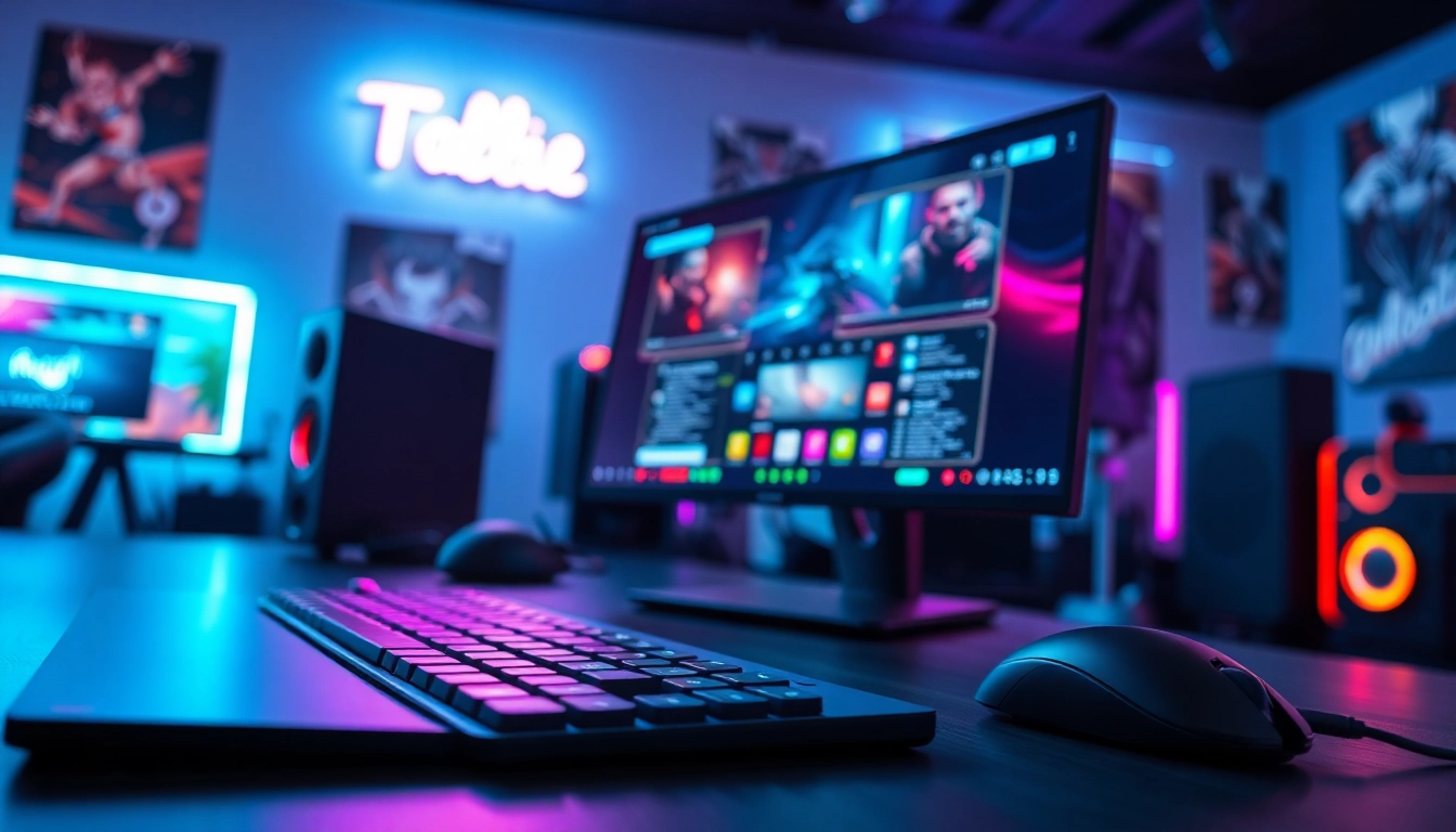 Permainan online yang seru dengan tampilan setup gaming profesional dan suasana modern.