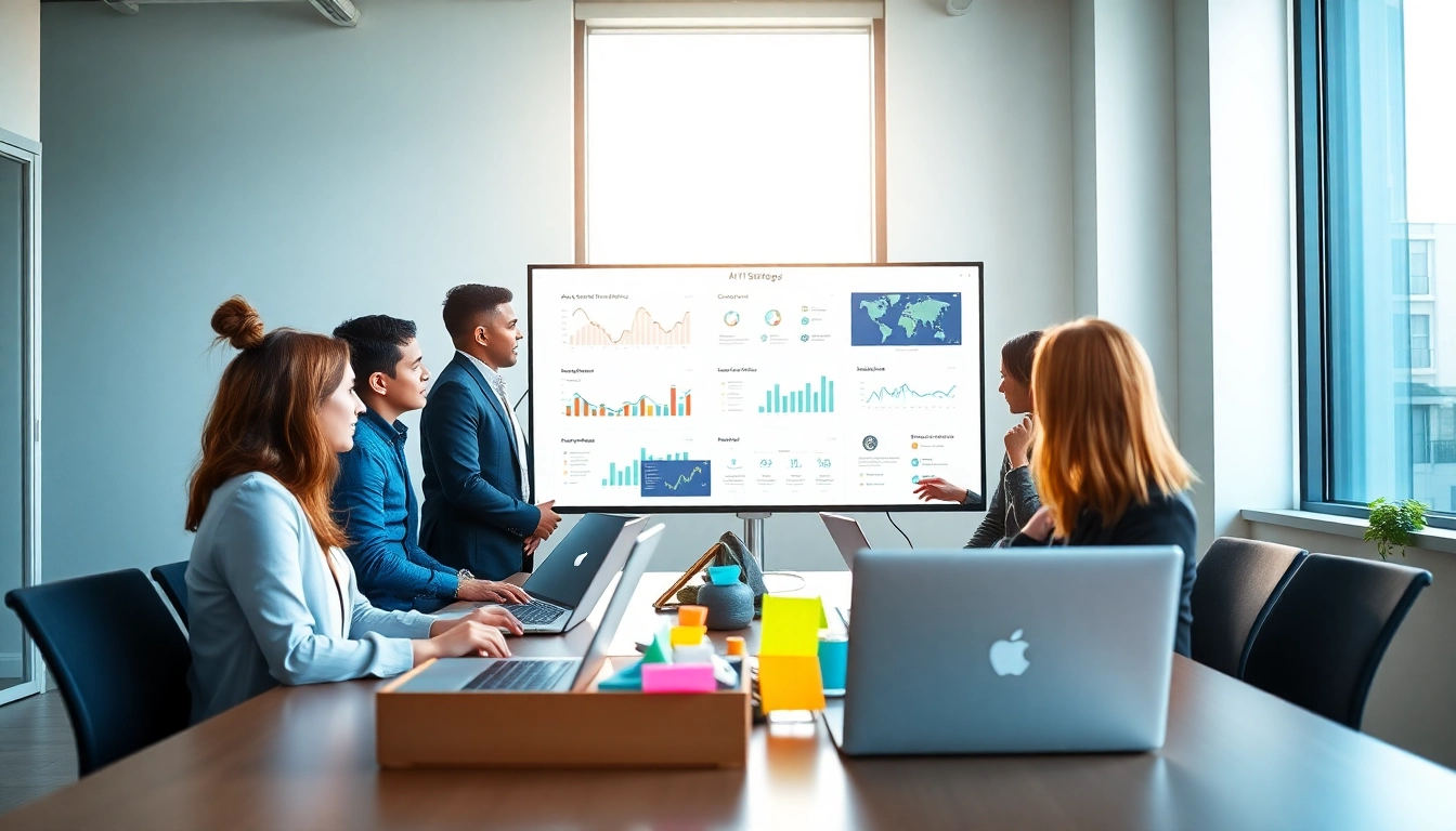 Utilize an AI content marketing platform through collaborative team discussions in a modern office.