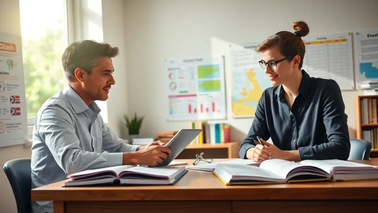 Engaging student focused on English Tuition with a dedicated tutor in a bright, organized study.