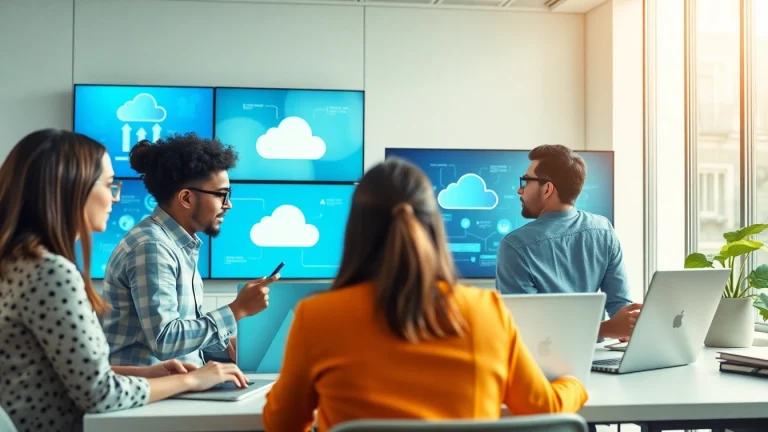 Effectieve cloud migratie weergeven met een collaboratief team in een moderne kantooromgeving.