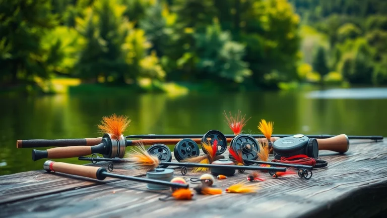 Showcasing a fly fishing kit on a rustic table by the lake, surrounded by nature's beauty.