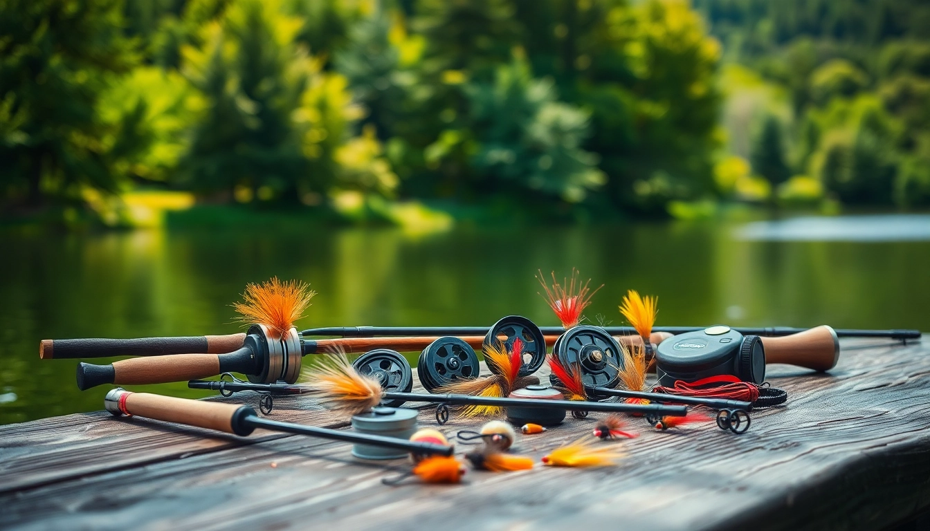 Showcasing a fly fishing kit on a rustic table by the lake, surrounded by nature's beauty.