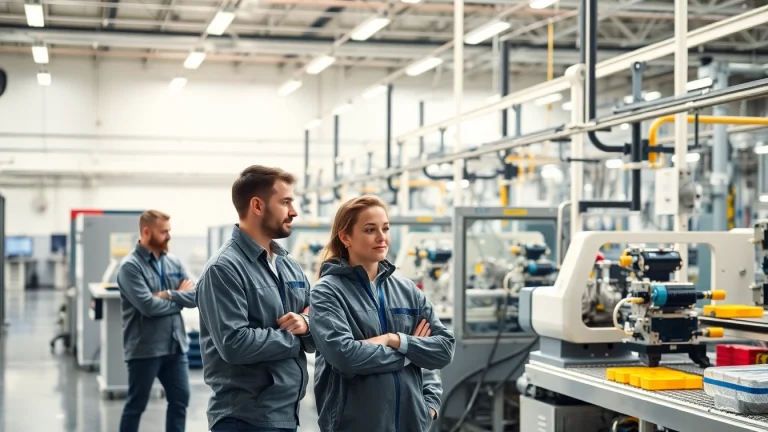 Manufacturers collaborating in a high-tech factory, demonstrating production efficiency.