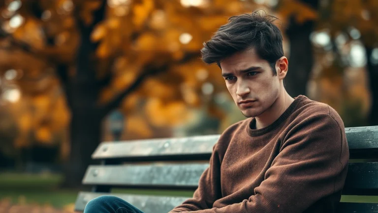 Heartbroken person reflecting on a relationship breakup while sitting alone on a park bench.