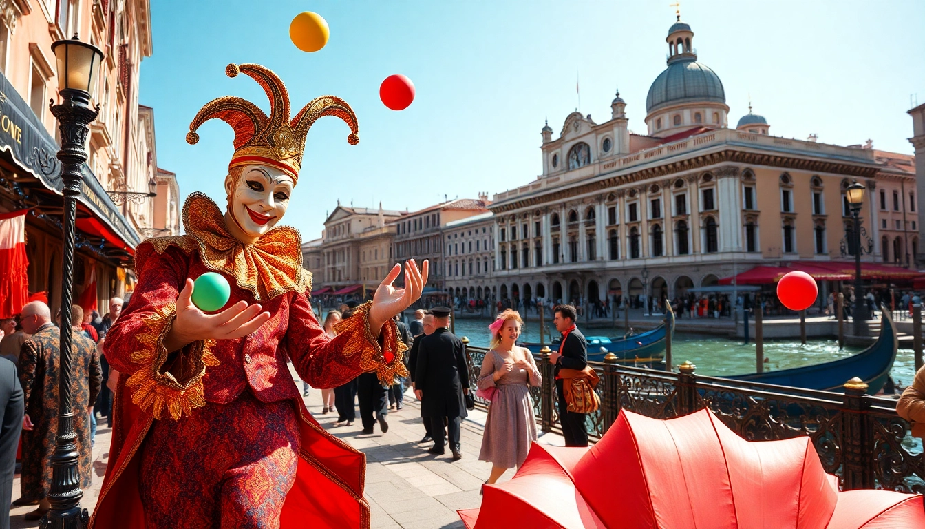 Experience the vibrant Venice Carnival with performers in ornate masks and colorful costumes.