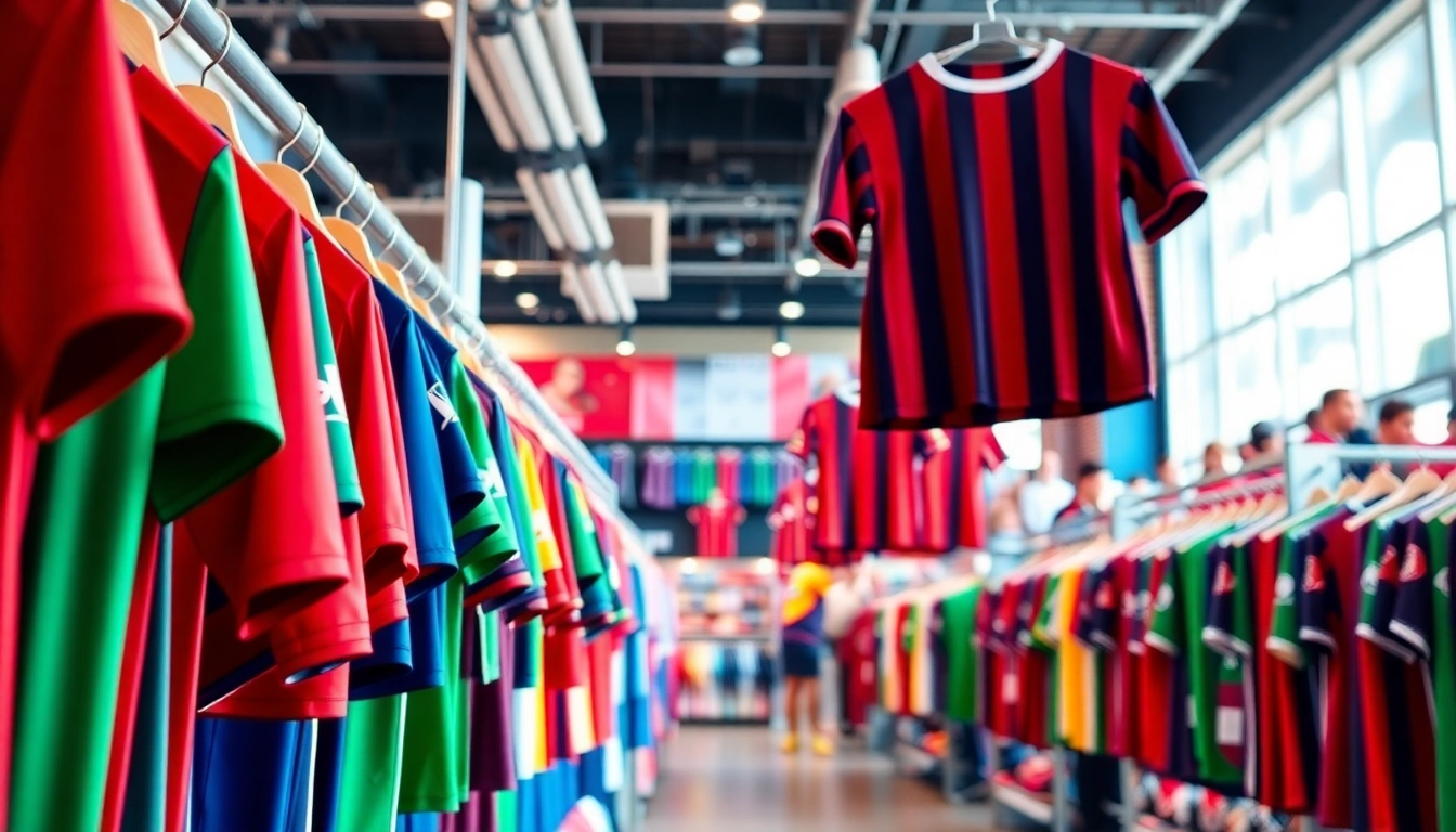 Shop for stylish cheap football shirts showcased in a colorful sports store display.