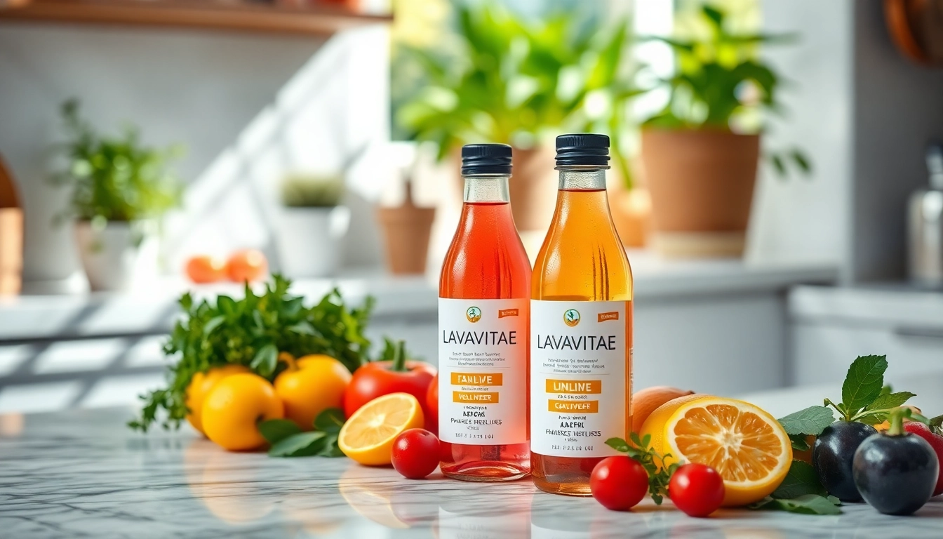 Lavavitae butelki na marmurowym stole z owocami i ziołami w tle