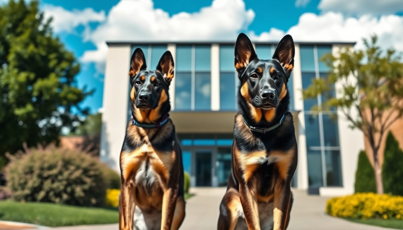 Secure your space with reliable Security Dog Services Cheltenham, showcasing alert dogs guarding a modern property.