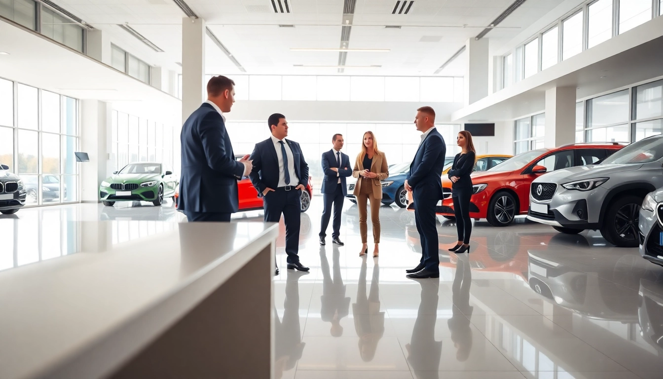 Skup aut Warszawa w nowoczesnym biurze dealerskim z profesjonalistami w rozmowie.