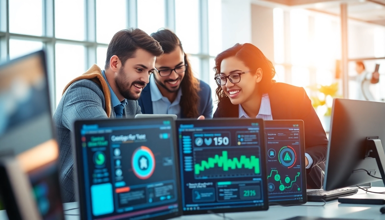 Demonstrating chatbot performance testing with a diverse team collaborating in a high-tech setting.
