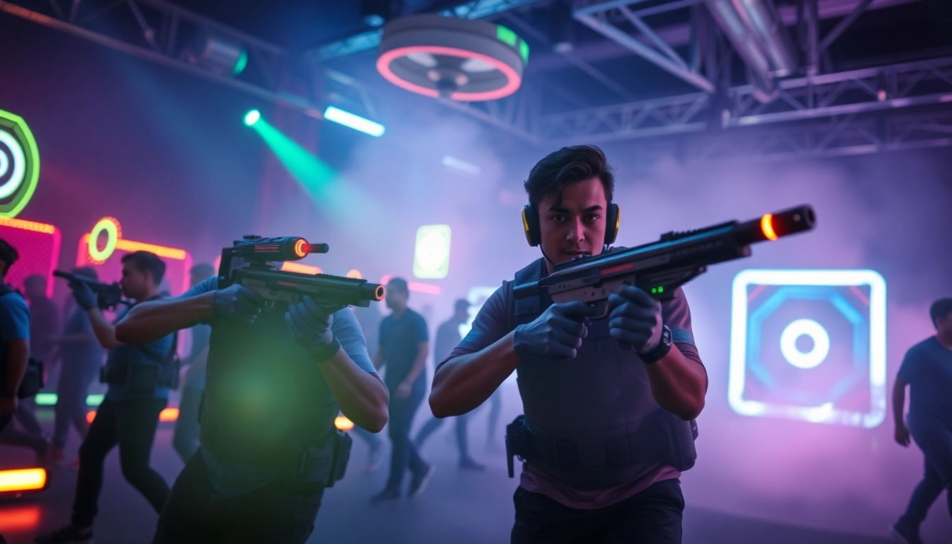 Engaging laser tag players in an energetic arena with vibrant lighting and futuristic gear.